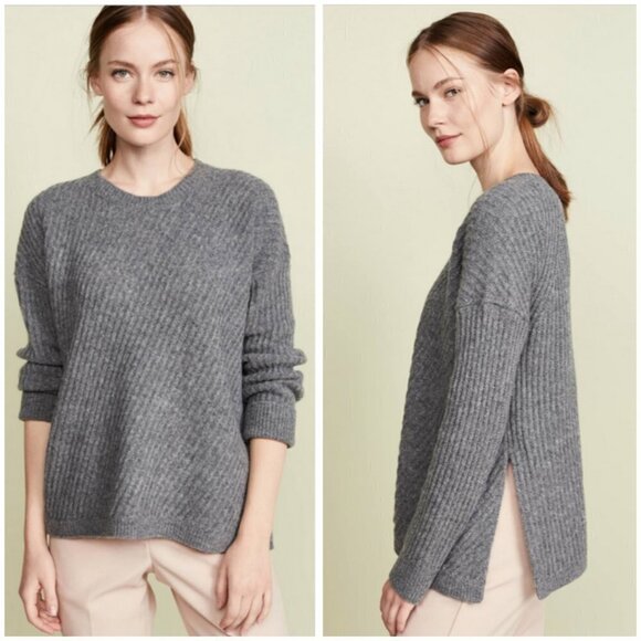 💕VINCE💕 Side Slit Crew Neck Ribbed Sweater ~ Medium Grey Medium NWOT - Picture 1 of 16